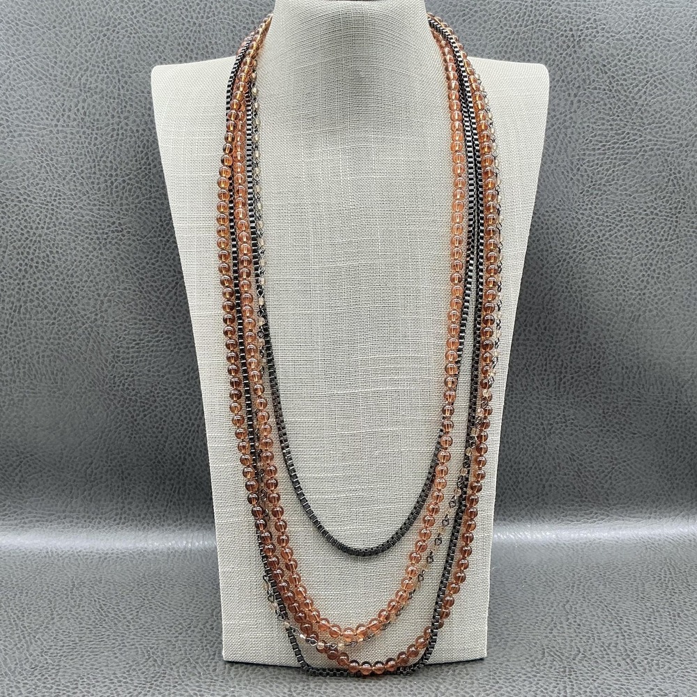 Talbots Necklace Layered Multi Strand Amber Glass Beads Gunmetal Box Chain Long